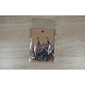 Vintage Style Heart Dangle Earrings with Pink Rhinestones & Floral Design